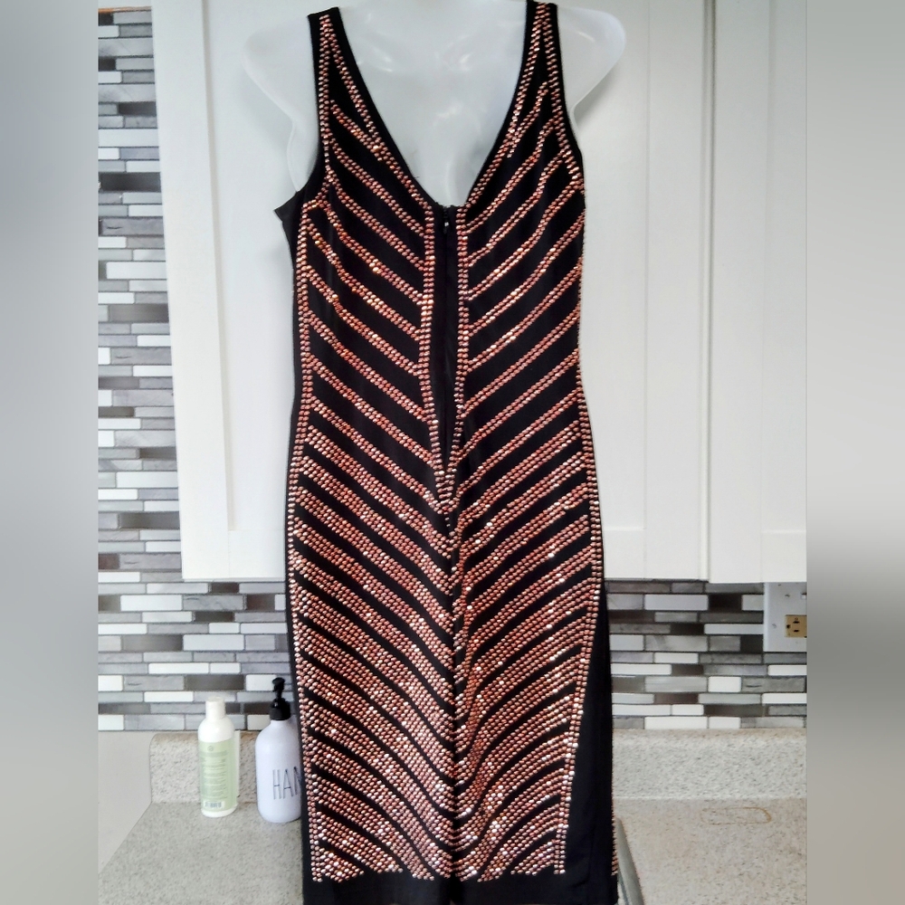 Carmen Marc Valvo Gold Studded Bodycon Cocktail Dress SZ- Petite M - Picture 3 of 4